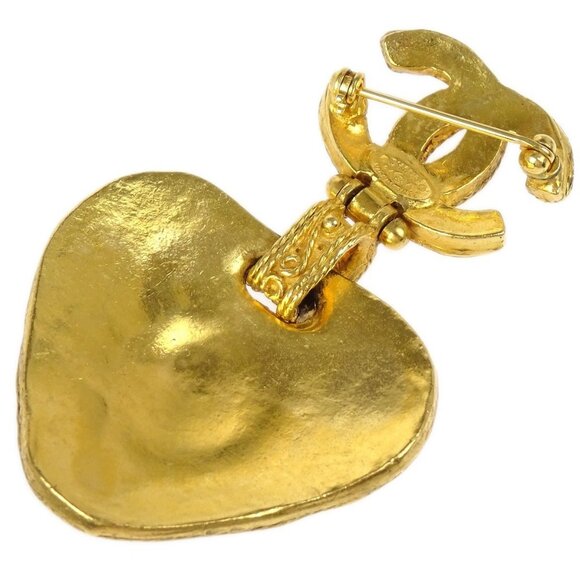 Chanel Gripoix Brooch Pin Heart CC Dangle Gold Red - Picture 3 of 5